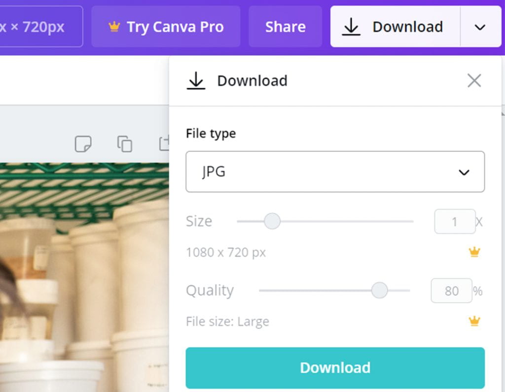 Canva Download dropdown showing file type, size and quality sliders