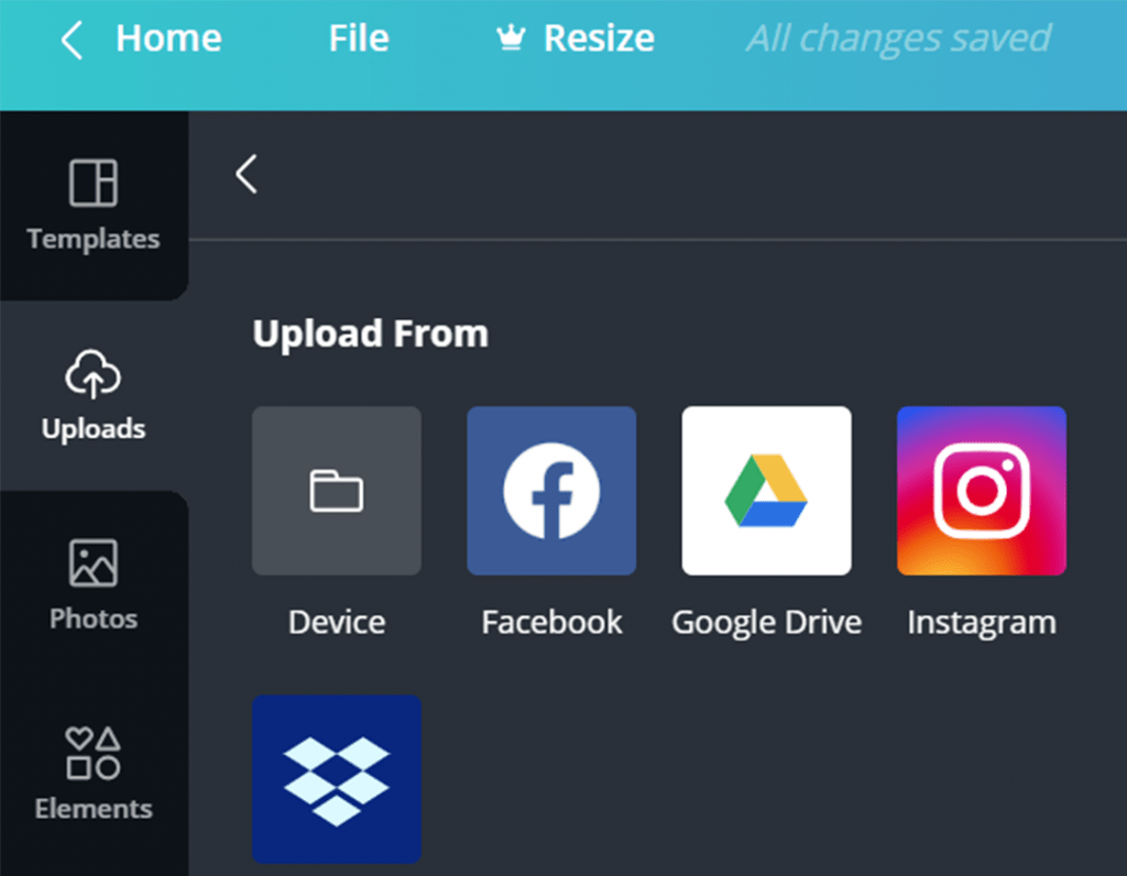Canva screen zooming into the "uploads" menu on the right side