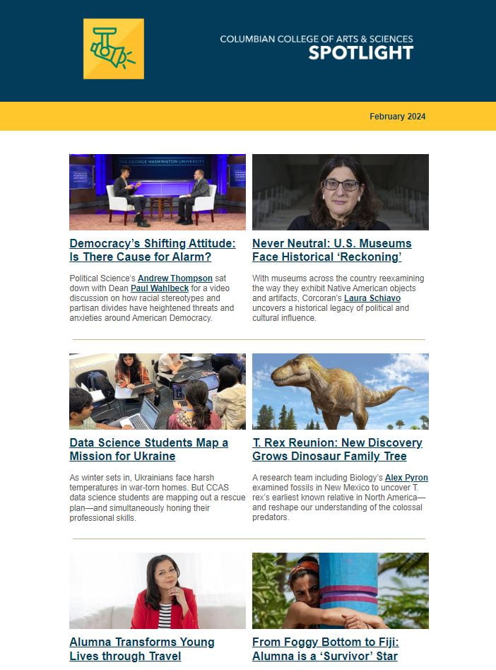 CCAS Spotlight screenshot of newsletter with yellow banner at top of blocks of text with images